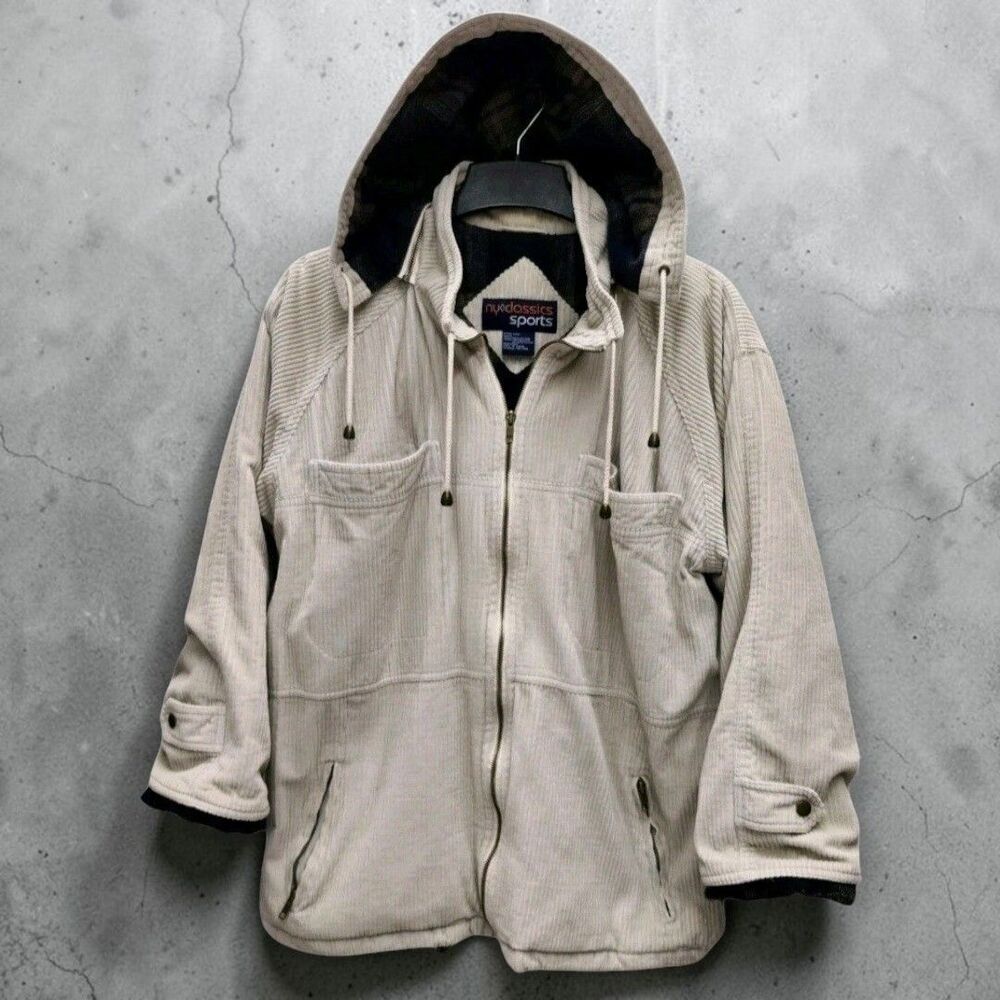 NY Classics Sports Corduroy Hooded Jacket Womens Large Beige VTG 90s Gorpcore